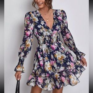 V shaped puff sleeve floral dress